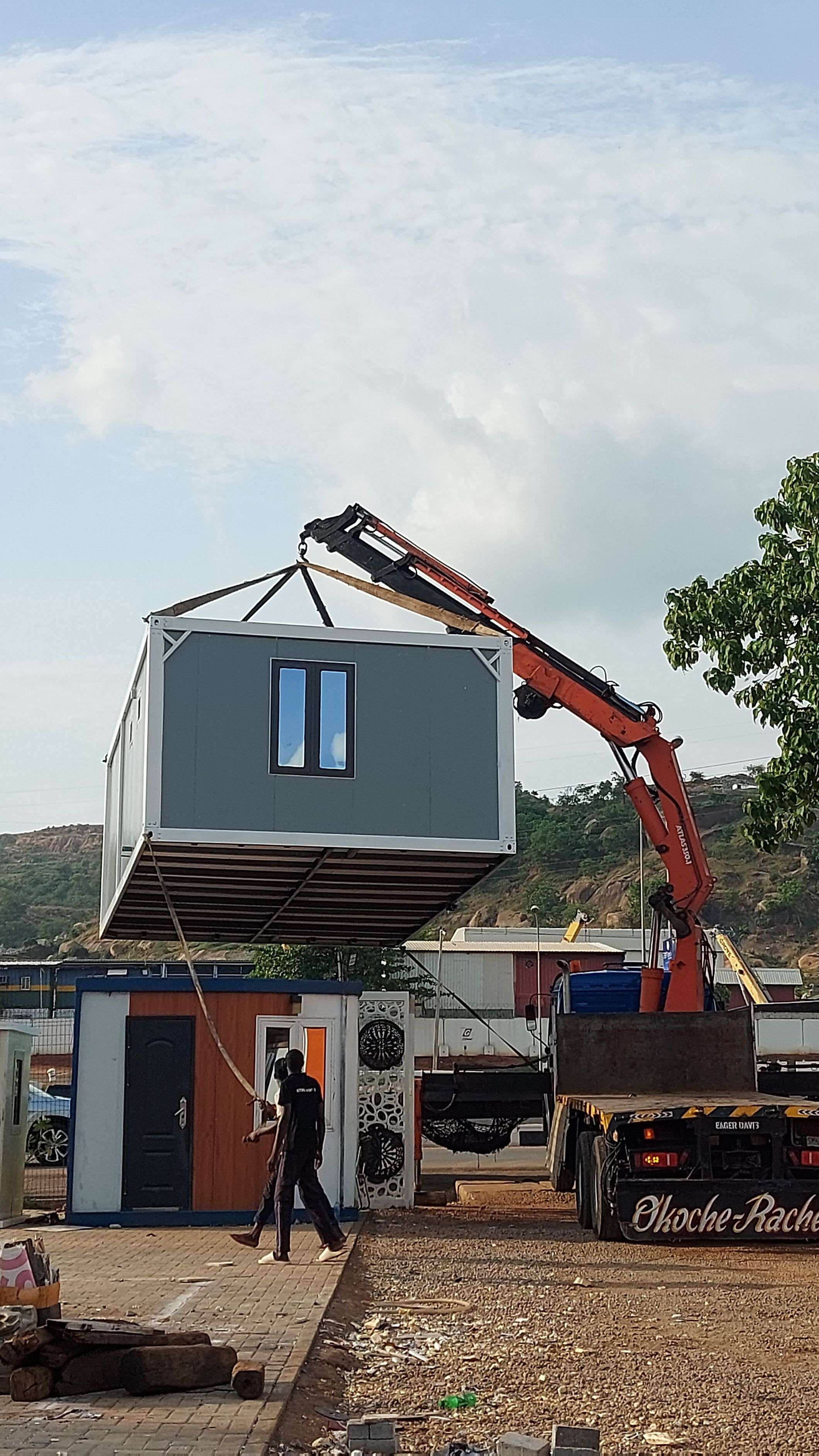 Double decker prefab building installation in progress