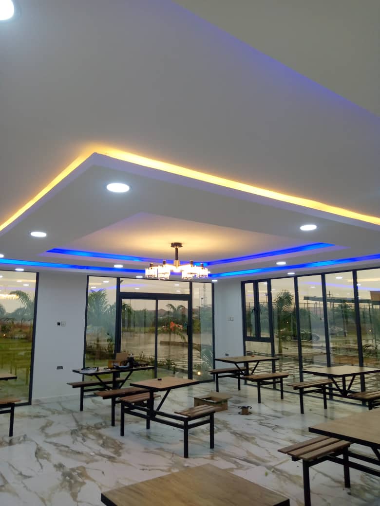 Modular Event Hall — Hall interior with feature ceiling and cove lighting