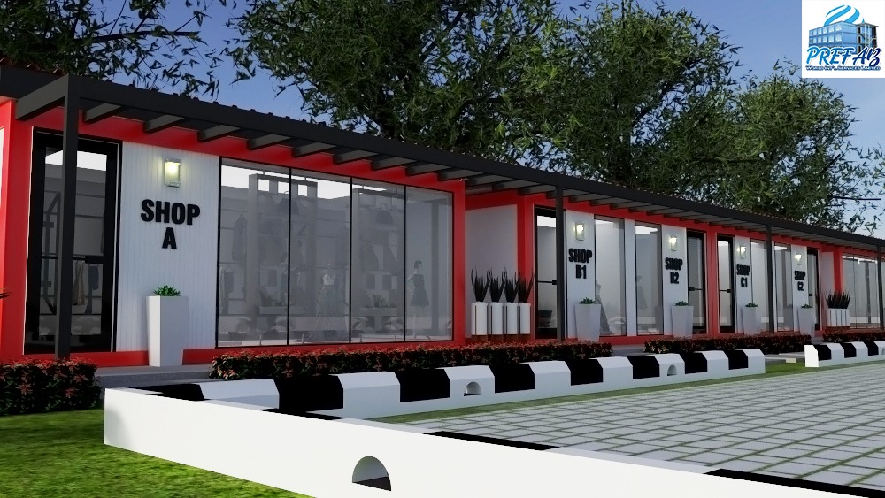 Modular Retail Arcade — Shops A–D — Front elevation — Shop A through Shop C2