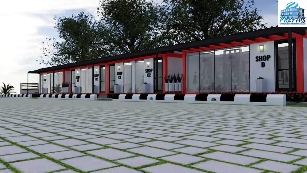 Modular Retail Arcade — Shops A–D — Reverse view — Shop D anchor unit